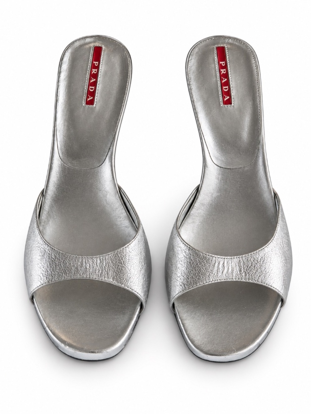 Prada Silver Metallic Leather Open Toe Mule Heels Sandals Size 37